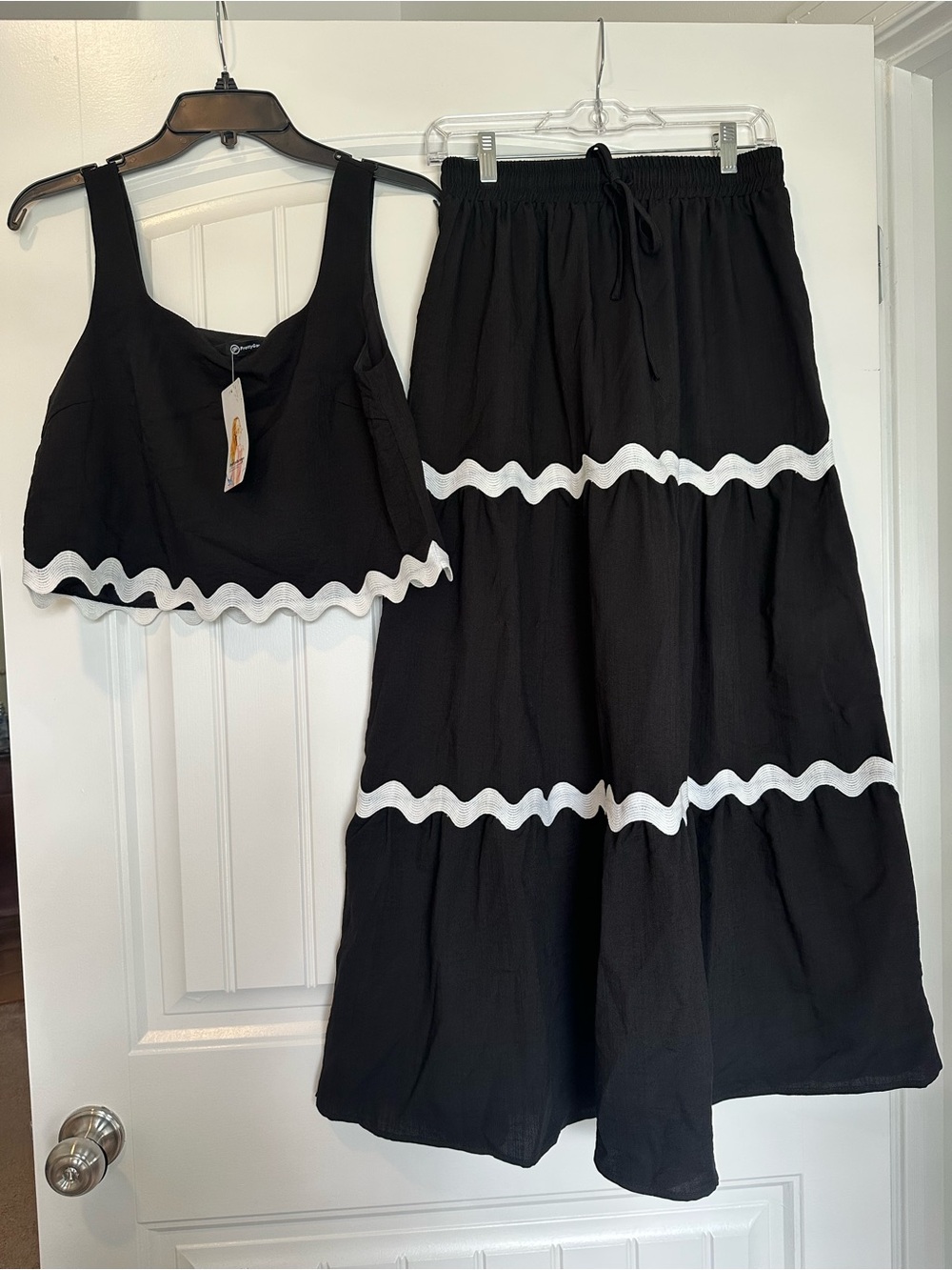 Black Maxi Skirt with White Trim - Women's Tiered Maxi